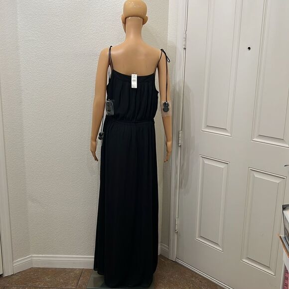 LOFT Black Maxi Dress Sz Large Adjustable Tie Strap Elastic Waist Tassel Straps - Picture 7 of 15